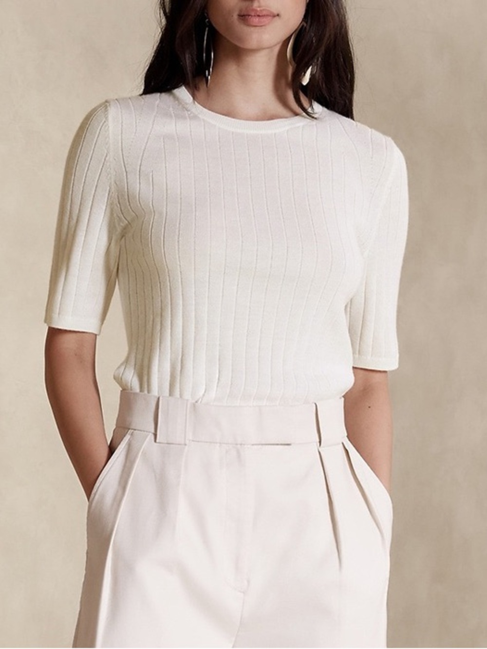 Banana Republic Nezha Merino Extra Fine Wool Ribbed Short Sleeve Sweater Top M